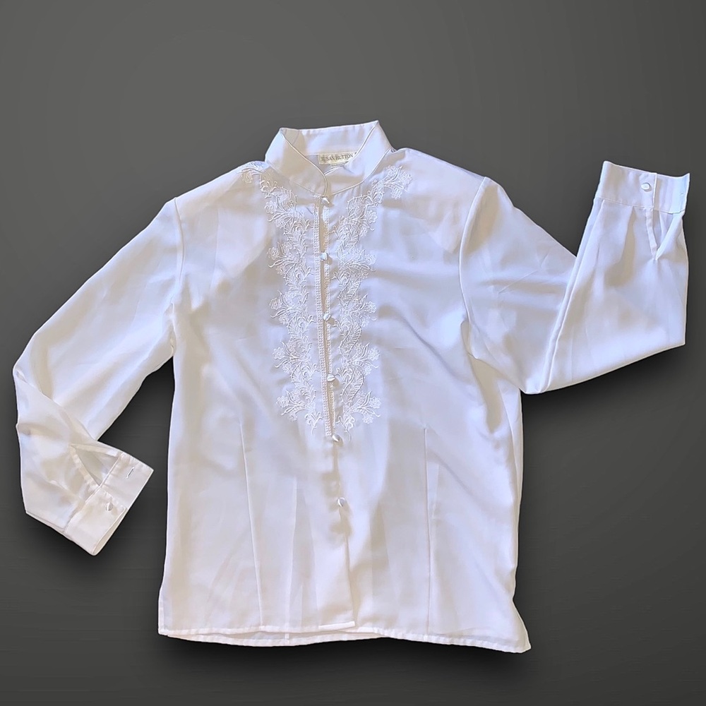 Vintage White Embroidered Mandarin Collar Blouse - Picture 6 of 11